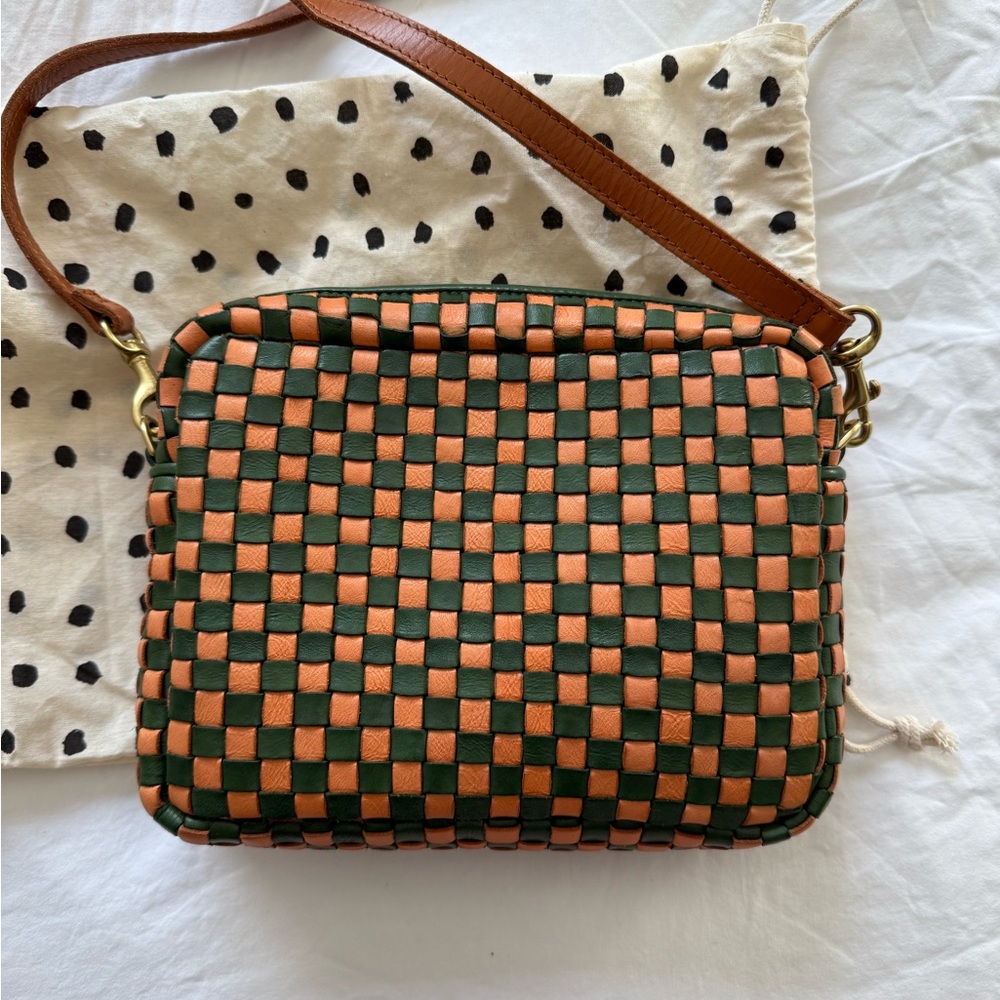 Clare V Midi Sac Safari Green and Coral Woven Checker - Rare Find!